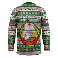 North Korea Christmas Hockey Jersey with Green-Red Design, National Emblem, and Festive Snowflake Motif - Wonder Print Shop