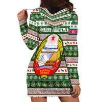 North Korea Christmas Hoodie Dress with Green-Red Design, National Emblem, and Festive Snowflake Motif - Wonder Print Shop