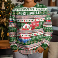 North Korea Christmas Kid Ugly Christmas Sweater with Green-Red Design, National Emblem, and Festive Snowflake Motif - Wonder Print Shop