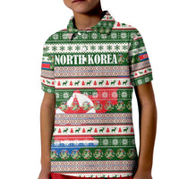 North Korea Christmas Kid Polo Shirt with Green-Red Design, National Emblem, and Festive Snowflake Motif - Wonder Print Shop