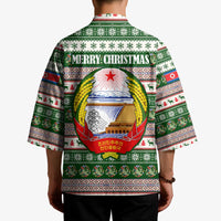 North Korea Christmas Kimono with Green-Red Design, National Emblem, and Festive Snowflake Motif - Wonder Print Shop