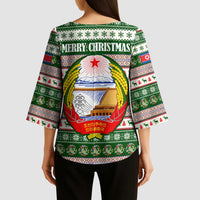 North Korea Christmas Kimono Sleeve Blouse with Green-Red Design, National Emblem, and Festive Snowflake Motif - Wonder Print Shop