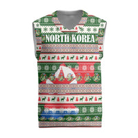 North Korea Christmas Knitted V-Neck Vest with Green-Red Design, National Emblem, and Festive Snowflake Motif - Wonder Print Shop