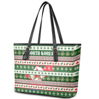 North Korea Christmas Leather Tote Bag with Green-Red Design, National Emblem, and Festive Snowflake Motif - Wonder Print Shop