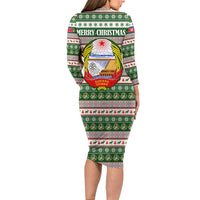 North Korea Christmas Long Sleeve Bodycon Dress with Green-Red Design, National Emblem, and Festive Snowflake Motif - Wonder Print Shop
