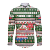 North Korea Christmas Long Sleeve Button Shirt with Green-Red Design, National Emblem, and Festive Snowflake Motif - Wonder Print Shop
