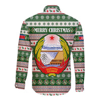 North Korea Christmas Long Sleeve Button Shirt with Green-Red Design, National Emblem, and Festive Snowflake Motif - Wonder Print Shop