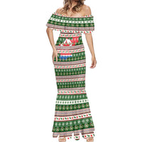 North Korea Christmas Mermaid Dress with Green-Red Design, National Emblem, and Festive Snowflake Motif - Wonder Print Shop