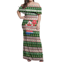 North Korea Christmas Off Shoulder Maxi Dress with Green-Red Design, National Emblem, and Festive Snowflake Motif - Wonder Print Shop