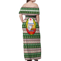 North Korea Christmas Off Shoulder Maxi Dress with Green-Red Design, National Emblem, and Festive Snowflake Motif - Wonder Print Shop