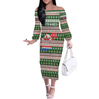 North Korea Christmas Off The Shoulder Long Sleeve Dress with Green-Red Design, National Emblem, and Festive Snowflake Motif - Wonder Print Shop