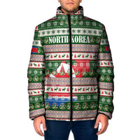 North Korea Christmas Padded Jacket with Green-Red Design, National Emblem, and Festive Snowflake Motif - Wonder Print Shop