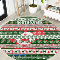 North Korea Christmas Round Carpet with Green-Red Design, National Emblem, and Festive Snowflake Motif - Wonder Print Shop