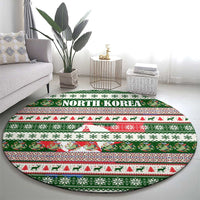 North Korea Christmas Round Carpet with Green-Red Design, National Emblem, and Festive Snowflake Motif - Wonder Print Shop