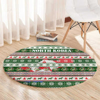 North Korea Christmas Round Carpet with Green-Red Design, National Emblem, and Festive Snowflake Motif - Wonder Print Shop