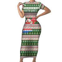 North Korea Christmas Short Sleeve Bodycon Dress with Green-Red Design, National Emblem, and Festive Snowflake Motif - Wonder Print Shop