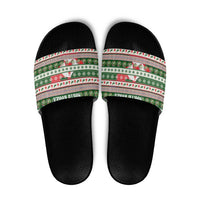 North Korea Christmas Slide Sandals with Green-Red Design, National Emblem, and Festive Snowflake Motif - Wonder Print Shop