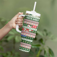 North Korea Christmas Tumbler With Handle with Green-Red Design, National Emblem, and Festive Snowflake Motif - Wonder Print Shop