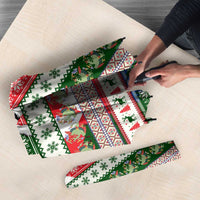 North Korea Christmas Umbrella with Green-Red Design, National Emblem, and Festive Snowflake Motif - Wonder Print Shop