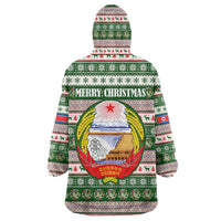 North Korea Christmas Wearable Blanket Hoodie with Green-Red Design, National Emblem, and Festive Snowflake Motif - Wonder Print Shop