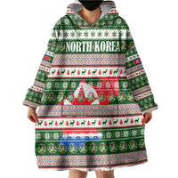 North Korea Christmas Wearable Blanket Hoodie with Green-Red Design, National Emblem, and Festive Snowflake Motif - Wonder Print Shop