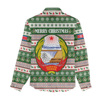 North Korea Christmas Women Casual Shirt with Green-Red Design, National Emblem, and Festive Snowflake Motif - Wonder Print Shop