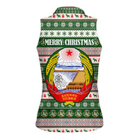 North Korea Christmas Women Sleeveless Polo Shirt with Green-Red Design, National Emblem, and Festive Snowflake Motif - Wonder Print Shop