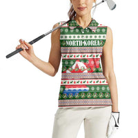 North Korea Christmas Women Sleeveless Polo Shirt with Green-Red Design, National Emblem, and Festive Snowflake Motif - Wonder Print Shop