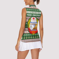 North Korea Christmas Women Sleeveless Polo Shirt with Green-Red Design, National Emblem, and Festive Snowflake Motif - Wonder Print Shop