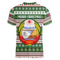 North Korea Christmas Women V-Neck T-Shirt with Green-Red Design, National Emblem, and Festive Snowflake Motif - Wonder Print Shop