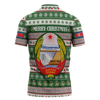 North Korea Christmas Zipper Polo Shirt with Green-Red Design, National Emblem, and Festive Snowflake Motif - Wonder Print Shop