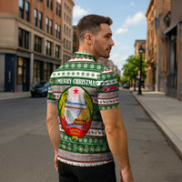 North Korea Christmas Zipper Polo Shirt with Green-Red Design, National Emblem, and Festive Snowflake Motif - Wonder Print Shop