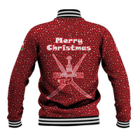 Oman Christmas Baseball Jacket with Red Geometric Design, White Oryx, and National Emblem Motif - Wonder Print Shop