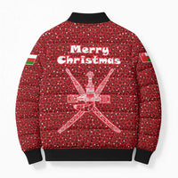 Oman Christmas Bomber Puffer Jacket with Red Geometric Design, White Oryx, and National Emblem Motif - Wonder Print Shop