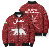 Oman Christmas Bomber Puffer Jacket with Red Geometric Design, White Oryx, and National Emblem Motif - Wonder Print Shop