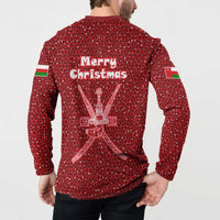 Oman Christmas Button Sweatshirt with Red Geometric Design, White Oryx, and National Emblem Motif - Wonder Print Shop