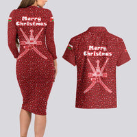 Oman Christmas Couples Matching Long Sleeve Bodycon Dress and Hawaiian Shirt with Red Geometric Design, White Oryx, and National Emblem Motif - Wonder Print Shop