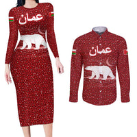 Oman Christmas Couples Matching Long Sleeve Bodycon Dress and Long Sleeve Button Shirt with Red Geometric Design, White Oryx, and National Emblem Motif - Wonder Print Shop