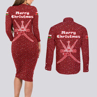 Oman Christmas Couples Matching Long Sleeve Bodycon Dress and Long Sleeve Button Shirt with Red Geometric Design, White Oryx, and National Emblem Motif - Wonder Print Shop