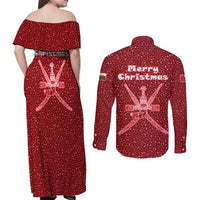 Oman Christmas Couples Matching Off Shoulder Maxi Dress and Long Sleeve Button Shirt with Red Geometric Design, White Oryx, and National Emblem Motif - Wonder Print Shop