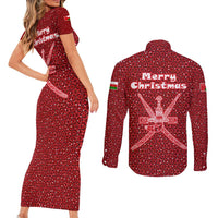 Oman Christmas Couples Matching Short Sleeve Bodycon Dress and Long Sleeve Button Shirt with Red Geometric Design, White Oryx, and National Emblem Motif - Wonder Print Shop