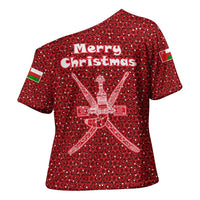 Oman Christmas Cross Shoulder Shirt with Red Geometric Design, White Oryx, and National Emblem Motif - Wonder Print Shop