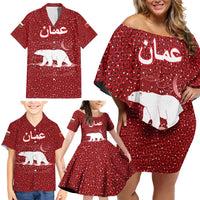 Oman Christmas Family Matching Off Shoulder Short Dress and Hawaiian Shirt with Red Geometric Design, White Oryx, and National Emblem Motif - Wonder Print Shop