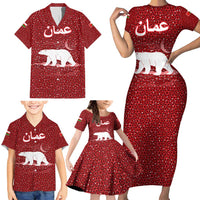 Oman Christmas Family Matching Short Sleeve Bodycon Dress and Hawaiian Shirt with Red Geometric Design, White Oryx, and National Emblem Motif - Wonder Print Shop