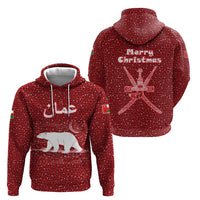 Oman Christmas Hoodie with Red Geometric Design, White Oryx, and National Emblem Motif - Wonder Print Shop