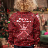Oman Christmas Kid Ugly Christmas Sweater with Red Geometric Design, White Oryx, and National Emblem Motif - Wonder Print Shop