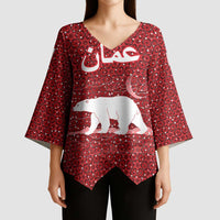 Oman Christmas Kimono Sleeve Blouse with Red Geometric Design, White Oryx, and National Emblem Motif - Wonder Print Shop