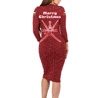 Oman Christmas Long Sleeve Bodycon Dress with Red Geometric Design, White Oryx, and National Emblem Motif - Wonder Print Shop