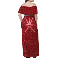 Oman Christmas Off Shoulder Maxi Dress with Red Geometric Design, White Oryx, and National Emblem Motif - Wonder Print Shop