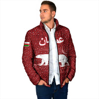 Oman Christmas Padded Jacket with Red Geometric Design, White Oryx, and National Emblem Motif - Wonder Print Shop